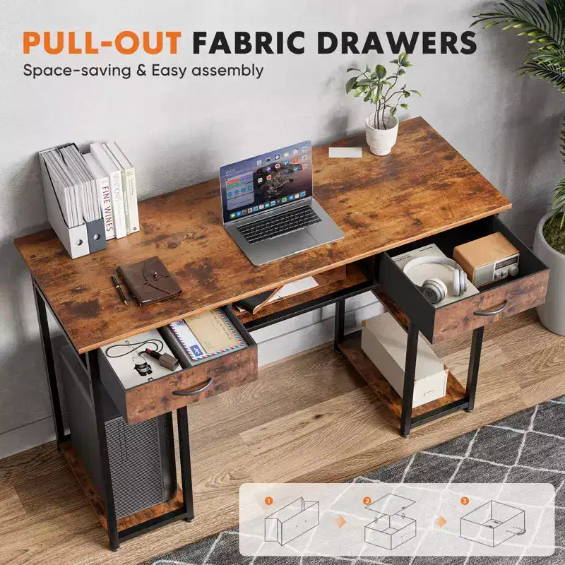 Bureau d'ordinateur avec tiroirs en tissu, bureau à domicile avec étagères de rangement, table de travail/d'étude moderne pour chambre à coucher avec pieds réglables
