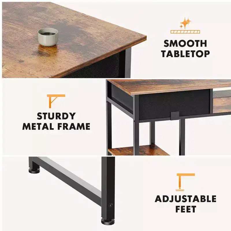 Bureau d'ordinateur avec tiroirs en tissu, bureau à domicile avec étagères de rangement, table de travail/d'étude moderne pour chambre à coucher avec pieds réglables