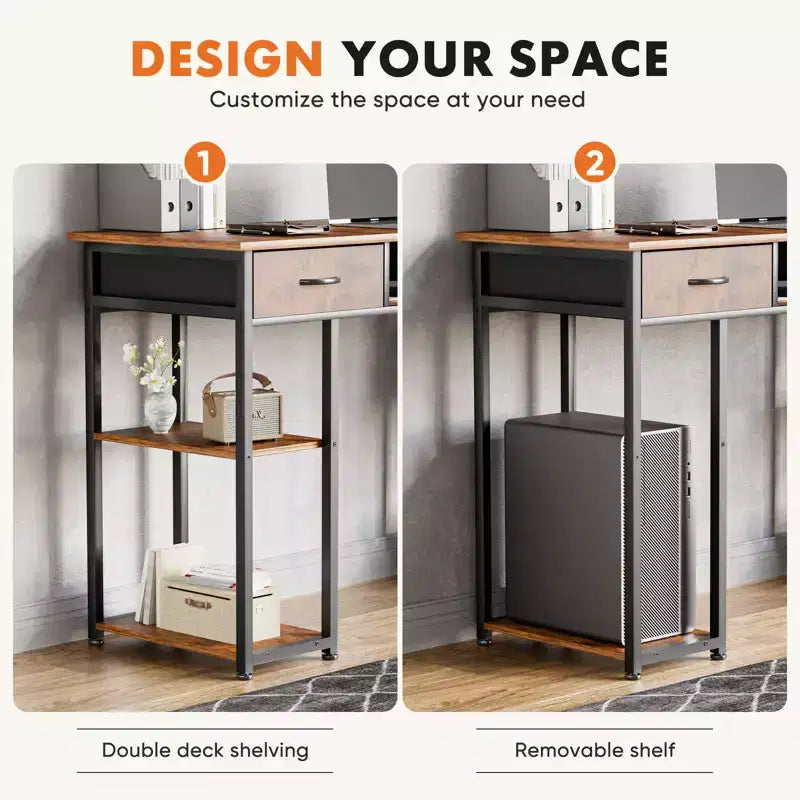 Bureau d'ordinateur avec tiroirs en tissu, bureau à domicile avec étagères de rangement, table de travail/d'étude moderne pour chambre à coucher avec pieds réglables