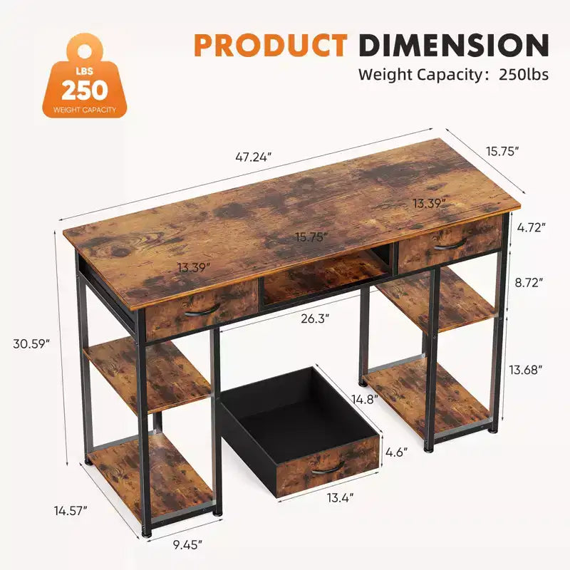 Bureau d'ordinateur avec tiroirs en tissu, bureau à domicile avec étagères de rangement, table de travail/d'étude moderne pour chambre à coucher avec pieds réglables