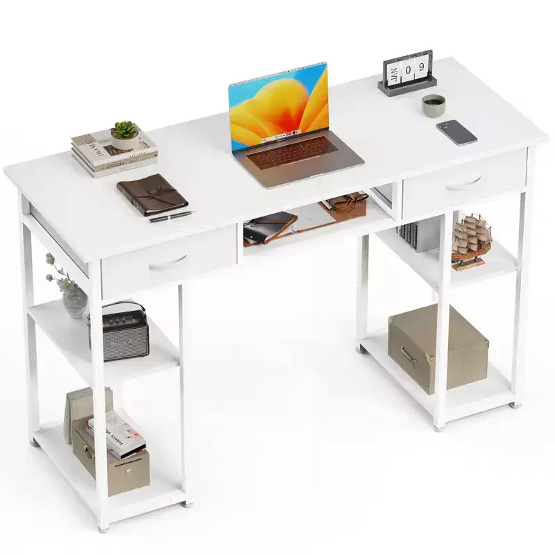 Bureau d'ordinateur avec tiroirs en tissu, bureau à domicile avec étagères de rangement, table de travail/d'étude moderne pour chambre à coucher avec pieds réglables