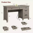 Bureau de style rustique avec tiroir classeur, bureau en bois de 136 cm pour bureau à domicile - Poste de travail robuste avec grand espace de rangement
