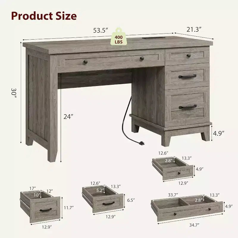 Bureau de style rustique avec tiroir classeur, bureau en bois de 136 cm pour bureau à domicile - Poste de travail robuste avec grand espace de rangement