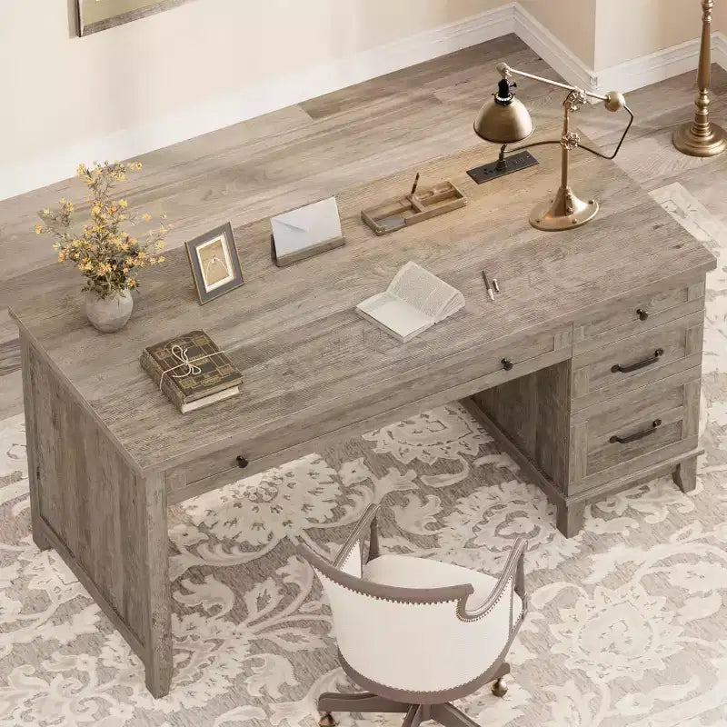 Bureau de style rustique avec tiroir classeur, bureau en bois de 136 cm pour bureau à domicile - Poste de travail robuste avec grand espace de rangement