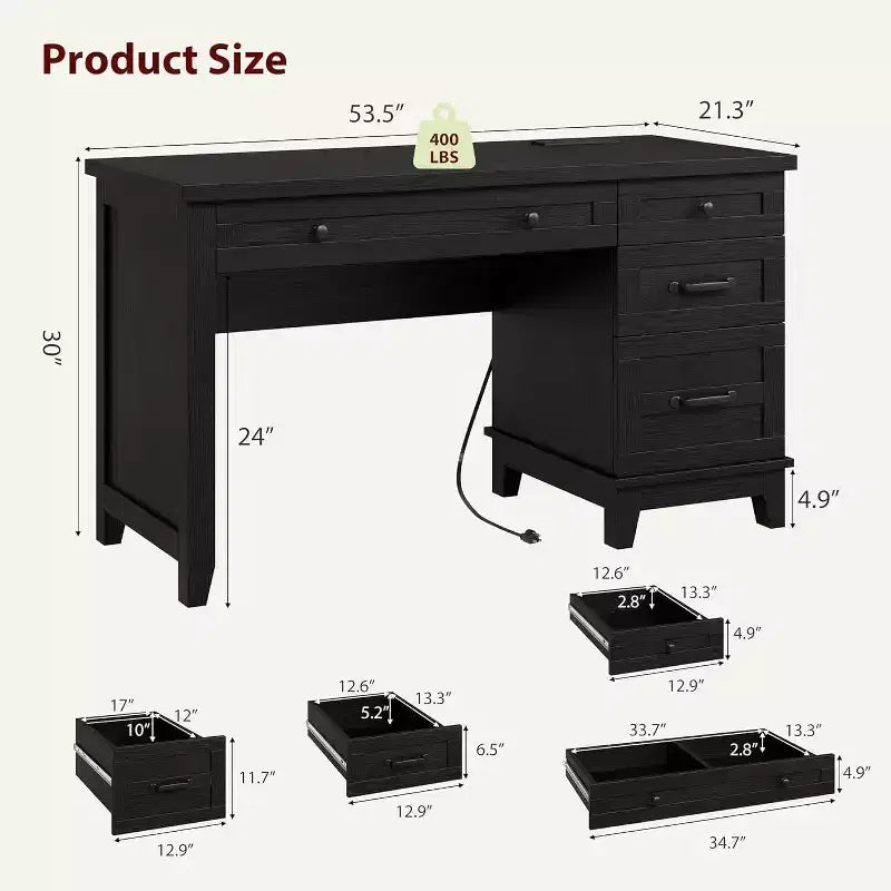 Bureau de style rustique avec tiroir classeur, bureau en bois de 136 cm pour bureau à domicile - Poste de travail robuste avec grand espace de rangement