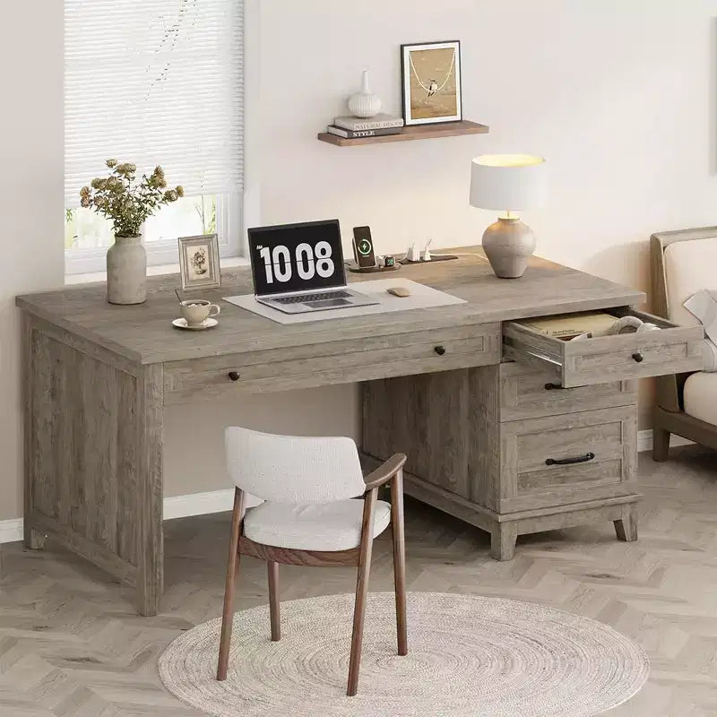 Bureau de style rustique avec tiroir classeur, bureau en bois de 136 cm pour bureau à domicile - Poste de travail robuste avec grand espace de rangement