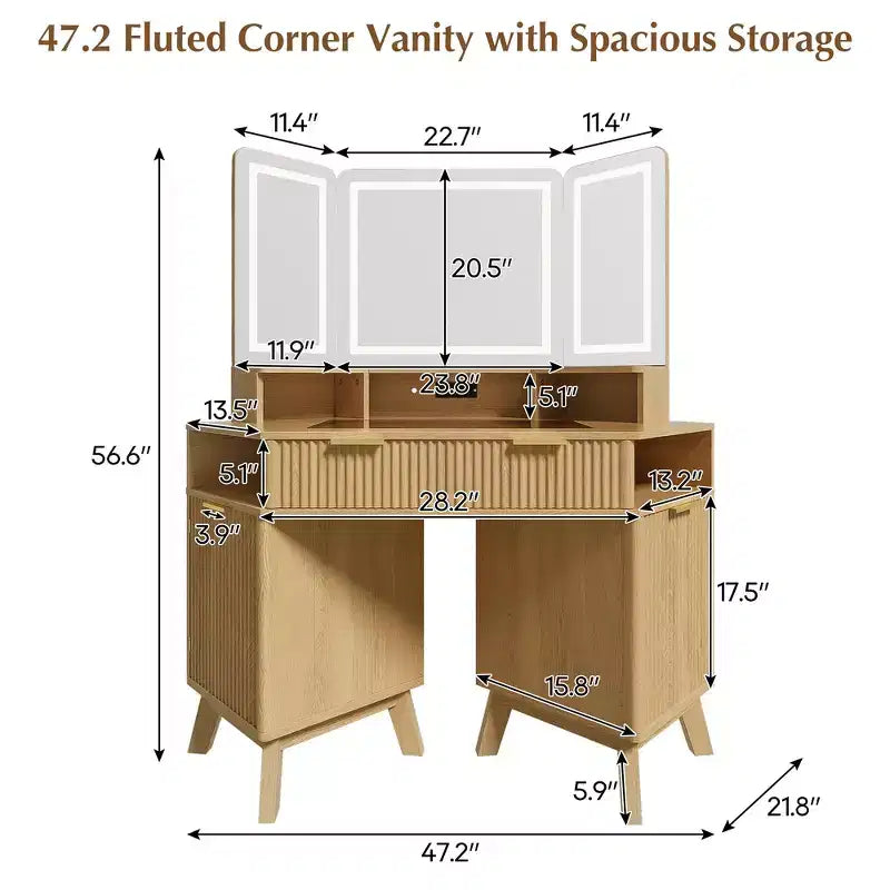 Coiffeuse d'angle de maquillage 47,2 po, petite coiffeuse d'angle moderne avec miroir, 1 tiroir et 2 armoires