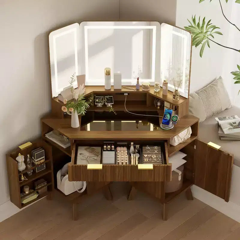 Coiffeuse d'angle de maquillage 47,2 po, petite coiffeuse d'angle moderne avec miroir, 1 tiroir et 2 armoires