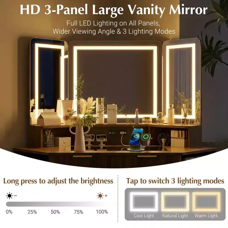 Coiffeuse d'angle de maquillage 47,2 po, petite coiffeuse d'angle moderne avec miroir, 1 tiroir et 2 armoires