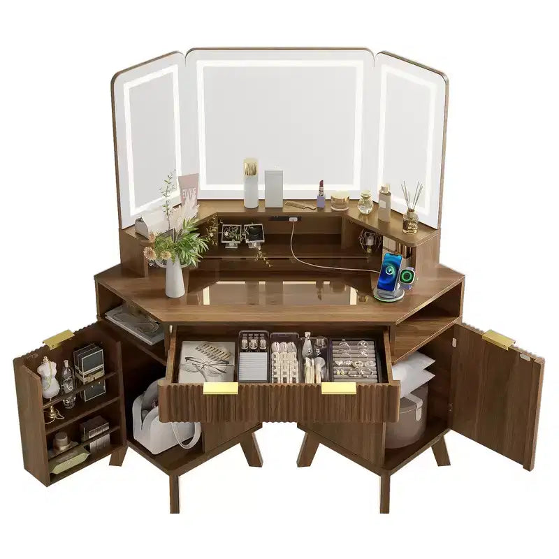 Coiffeuse d'angle de maquillage 47,2 po, petite coiffeuse d'angle moderne avec miroir, 1 tiroir et 2 armoires