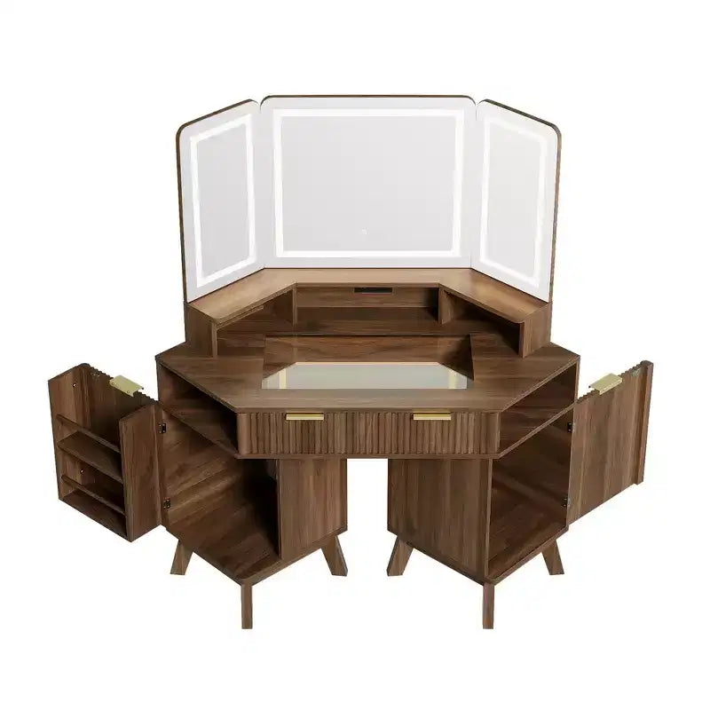Coiffeuse d'angle de maquillage 47,2 po, petite coiffeuse d'angle moderne avec miroir, 1 tiroir et 2 armoires