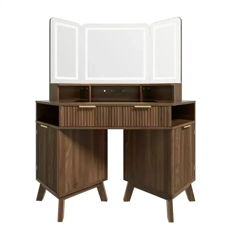 Coiffeuse d'angle de maquillage 47,2 po, petite coiffeuse d'angle moderne avec miroir, 1 tiroir et 2 armoires