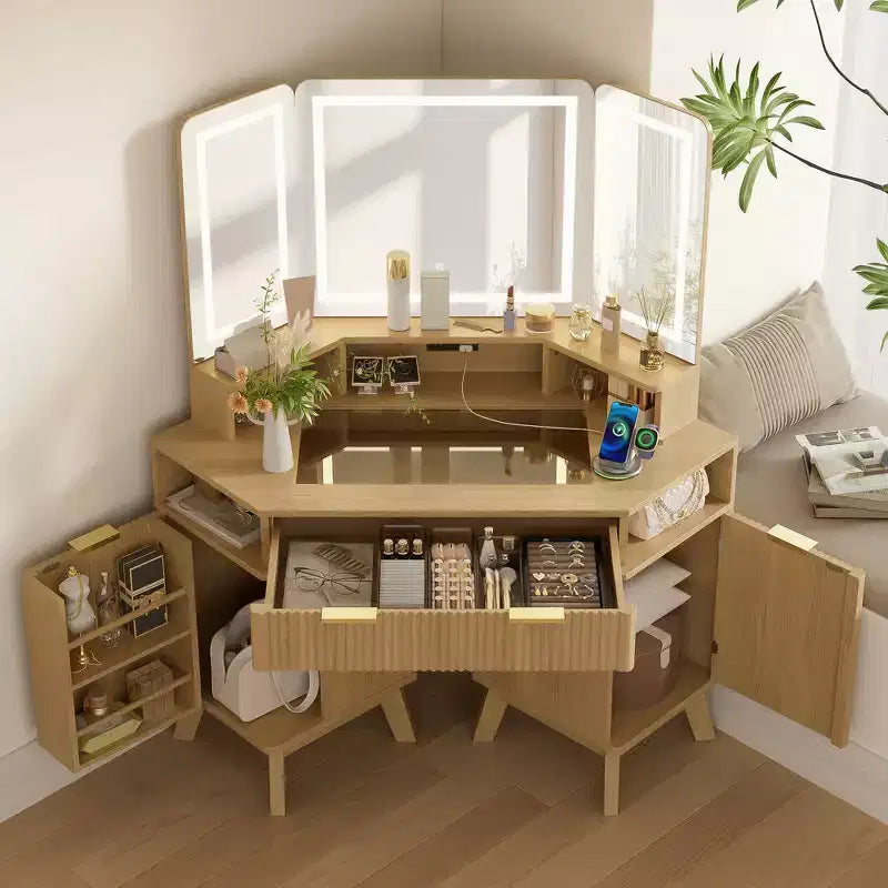 Coiffeuse d'angle de maquillage 47,2 po, petite coiffeuse d'angle moderne avec miroir, 1 tiroir et 2 armoires