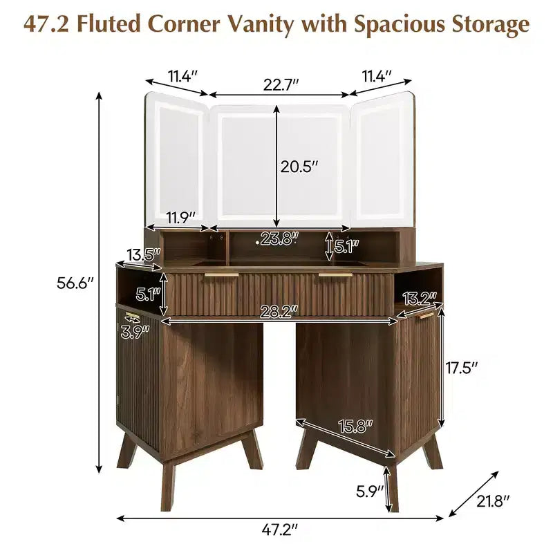 Coiffeuse d'angle de maquillage 47,2 po, petite coiffeuse d'angle moderne avec miroir, 1 tiroir et 2 armoires