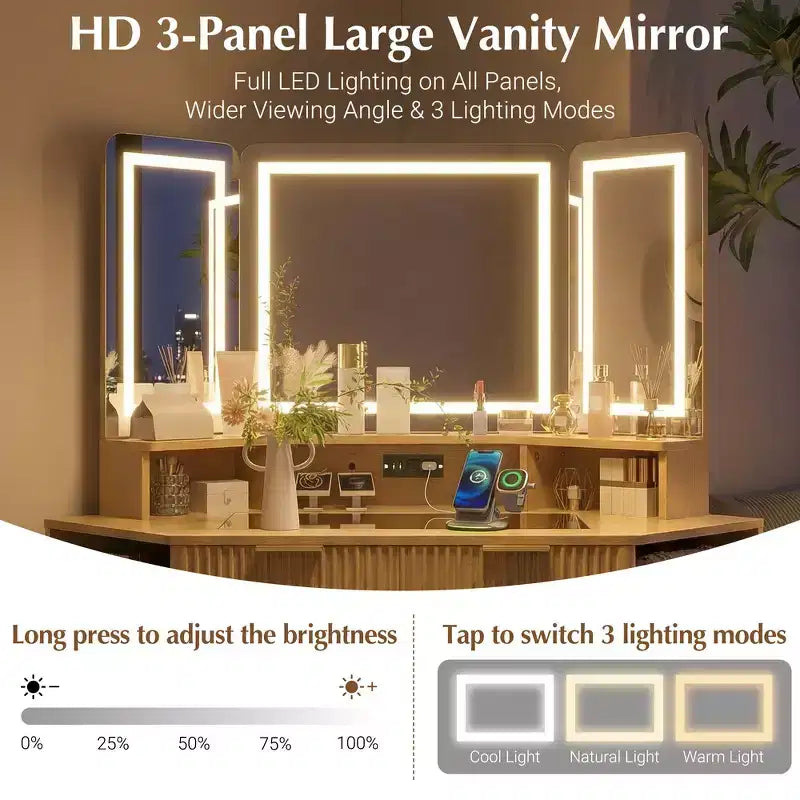 Coiffeuse d'angle de maquillage 47,2 po, petite coiffeuse d'angle moderne avec miroir, 1 tiroir et 2 armoires