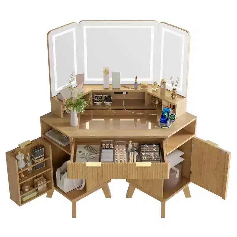 Coiffeuse d'angle de maquillage 47,2 po, petite coiffeuse d'angle moderne avec miroir, 1 tiroir et 2 armoires