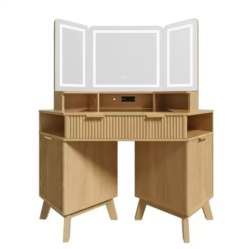 Coiffeuse d'angle de maquillage 47,2 po, petite coiffeuse d'angle moderne avec miroir, 1 tiroir et 2 armoires