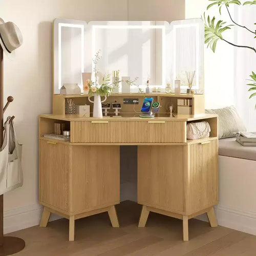 Whisen 47.2 Corner Makeup Vanity Desk, Modern Small Corner Dressing Table Vanity with Mirror, 1 Drawer & 2 Cabinets