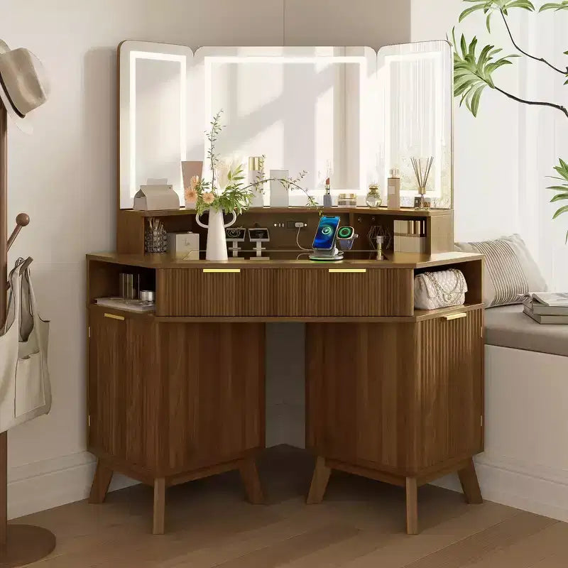 Coiffeuse d'angle de maquillage 47,2 po, petite coiffeuse d'angle moderne avec miroir, 1 tiroir et 2 armoires