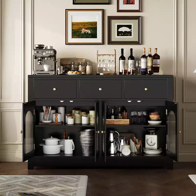 Buffet de rangement, Enfilade moderne avec portes cannelées en acrylique cintrées, Meuble de bar à café avec étagères réglables pour salon, cuisine