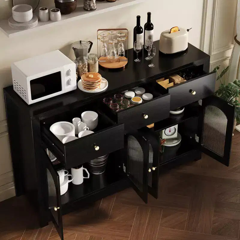 Buffet de rangement, Enfilade moderne avec portes cannelées en acrylique cintrées, Meuble de bar à café avec étagères réglables pour salon, cuisine