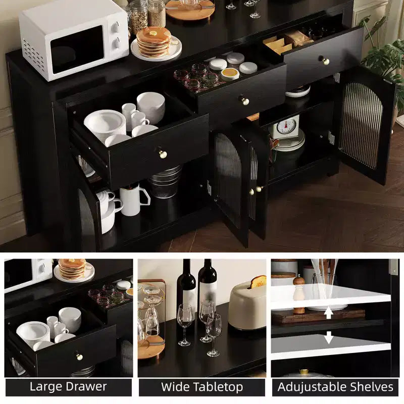 Buffet de rangement, Enfilade moderne avec portes cannelées en acrylique cintrées, Meuble de bar à café avec étagères réglables pour salon, cuisine