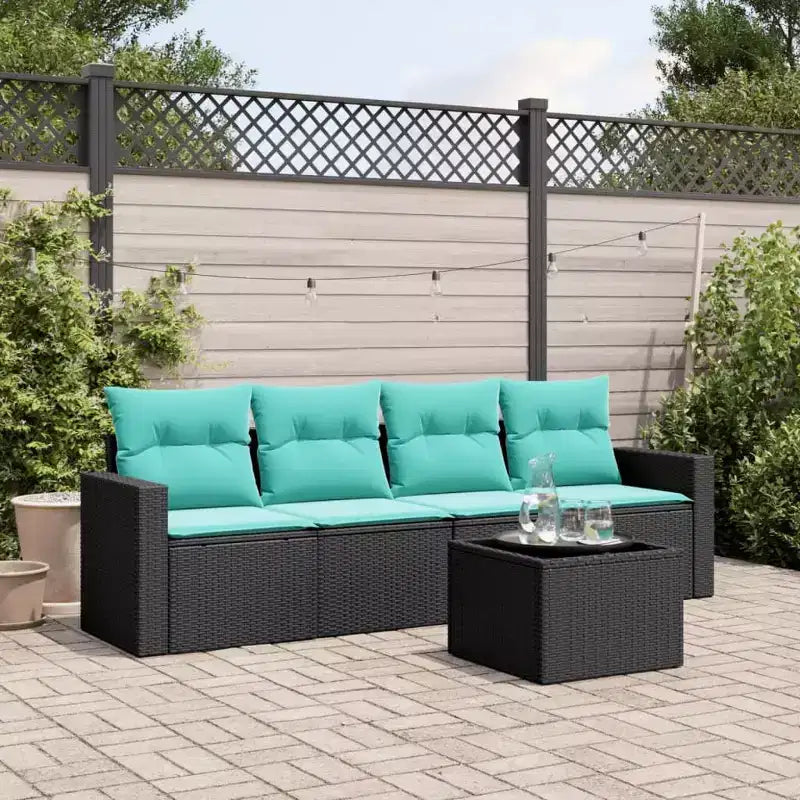 Ensemble de canapés de jardin 5 pièces avec coussins, en rotin synthétique noir
