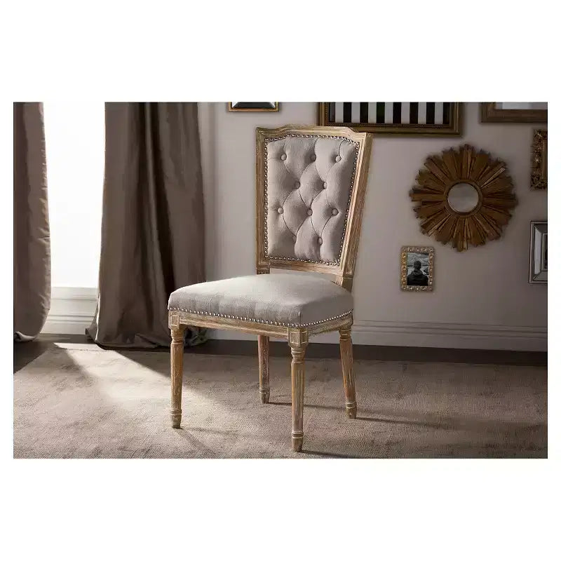 Chaise de salle à manger Estelle Chic Rustique style campagnard français : Chêne massif, détails en lin - Baxton Studio