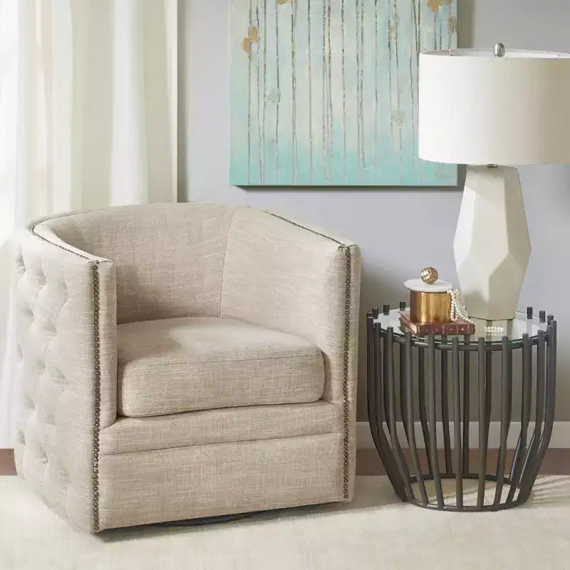 Fauteuil pivotant Milton - Crème : Siège de salon confortable, dossier capitonné, aucun assemblage requis