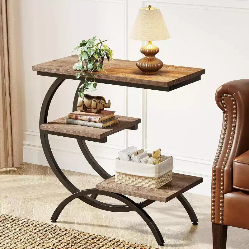 Table d'appoint industrielle à 3 niveaux en forme de C