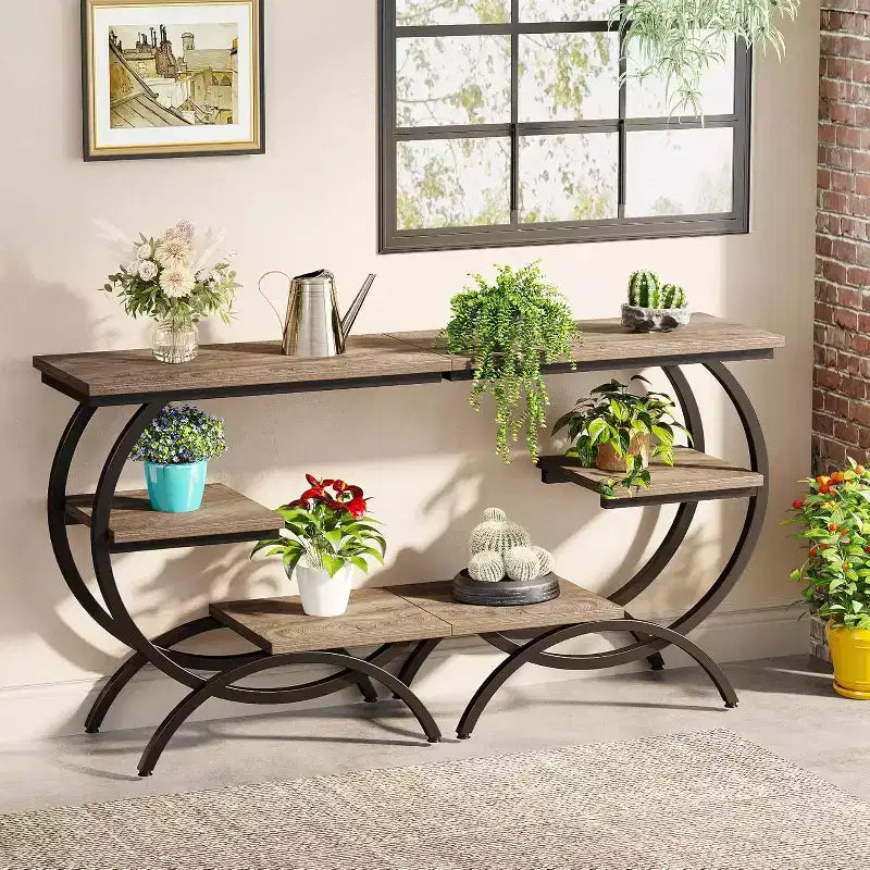 Table d'appoint industrielle à 3 niveaux en forme de C