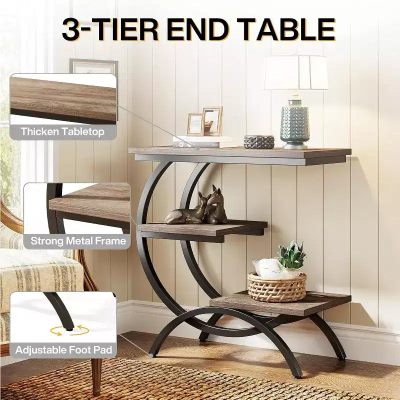 Table d'appoint industrielle à 3 niveaux en forme de C