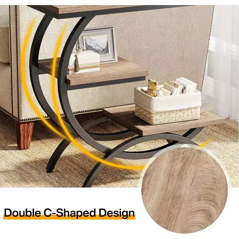 Table d'appoint industrielle à 3 niveaux en forme de C